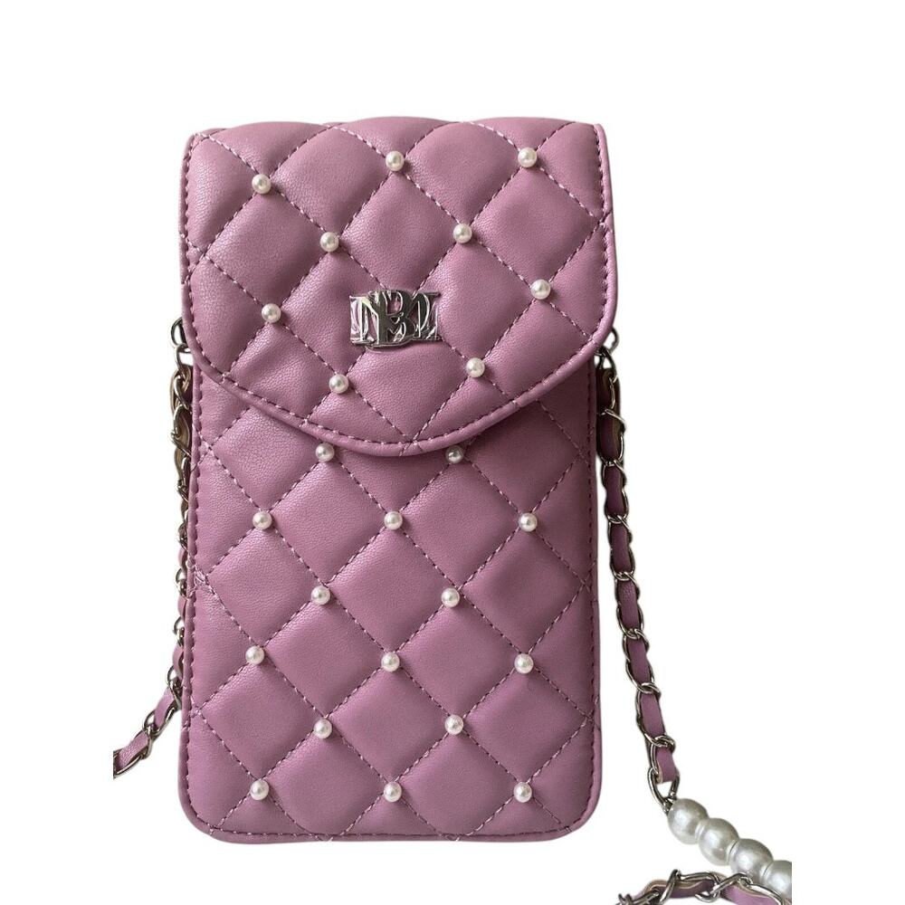 Badgley Mischka Pink Quilted Pearl Strap Phone Crossbody Bag Vegan Leather NWT
